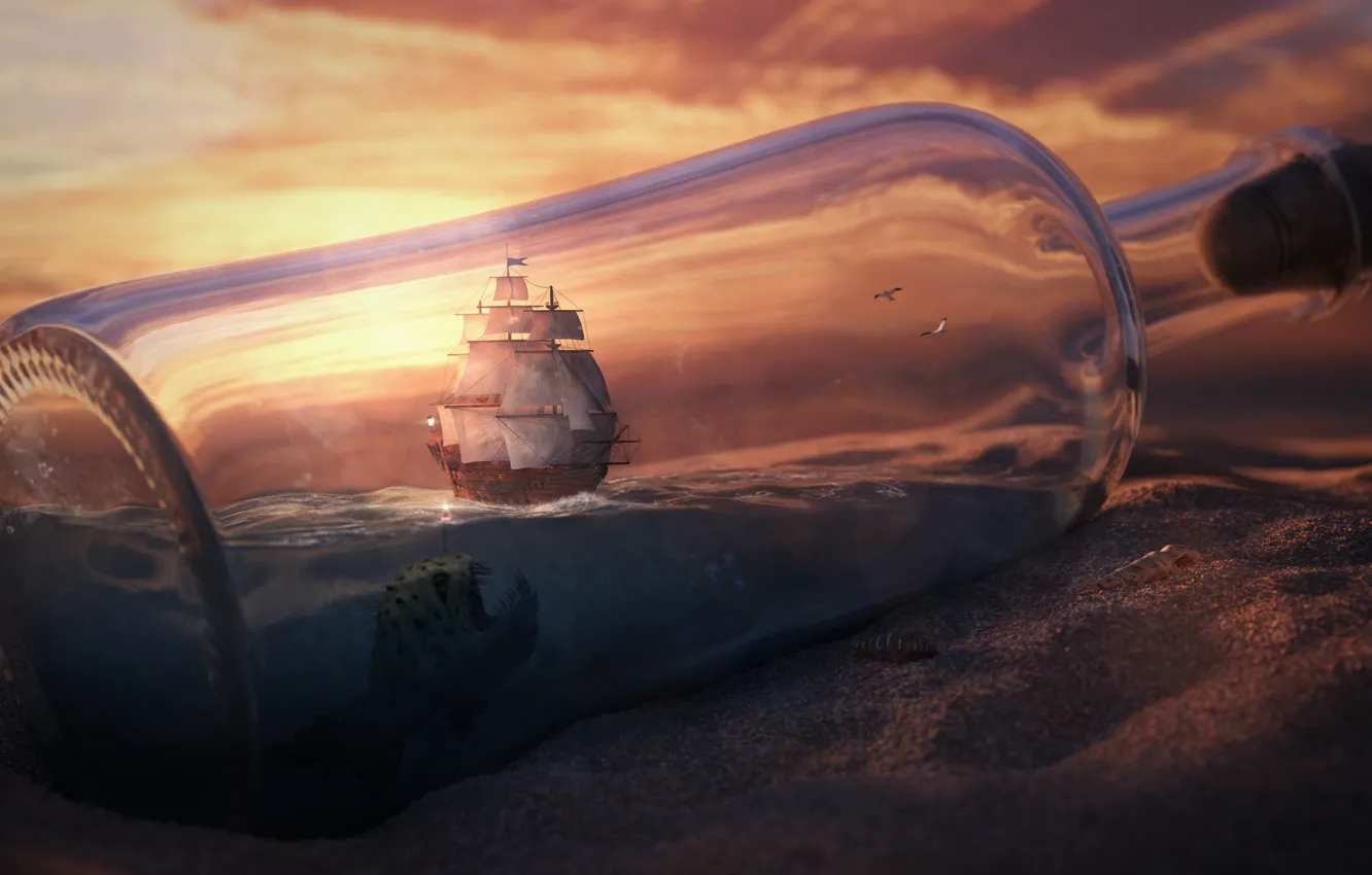 Photo wallpaper sand, the sky, clouds, sunset, desert, ship, bottle, fish
