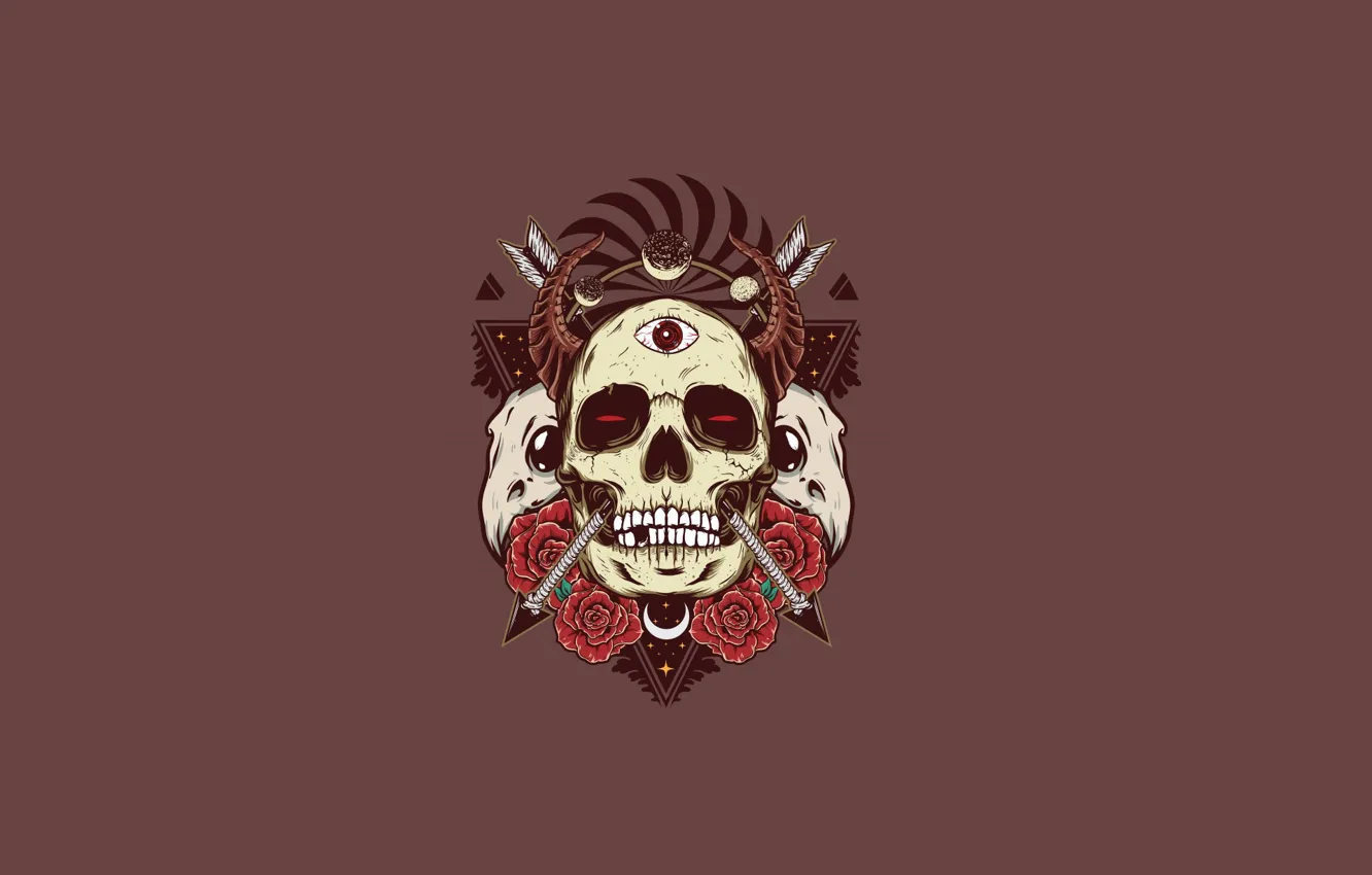 Photo wallpaper skull, roses, horns, skull, arrows