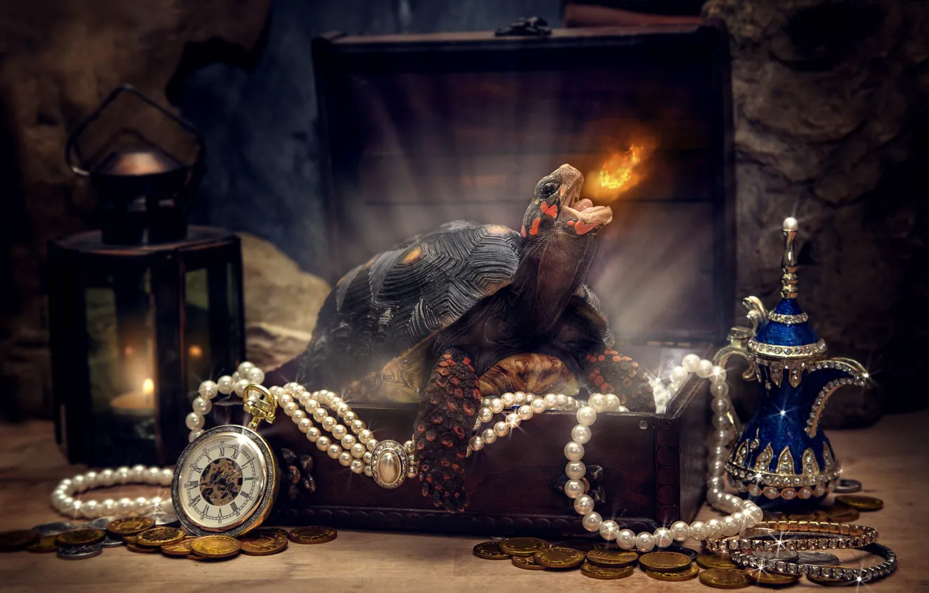 Photo wallpaper rays, stones, fire, flame, watch, turtle, candle, money