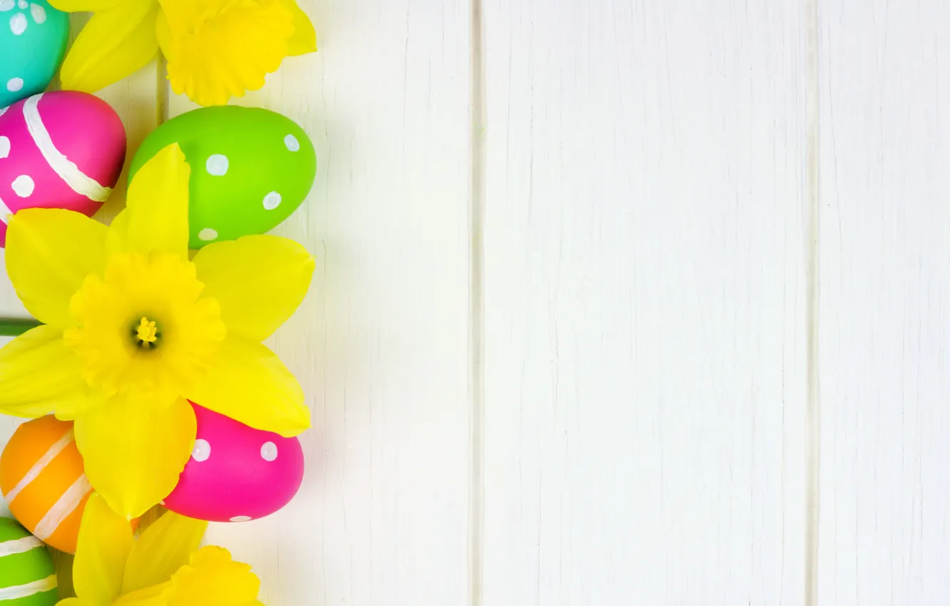 Photo wallpaper flowers, colorful, Easter, happy, wood, flowers, spring, Easter