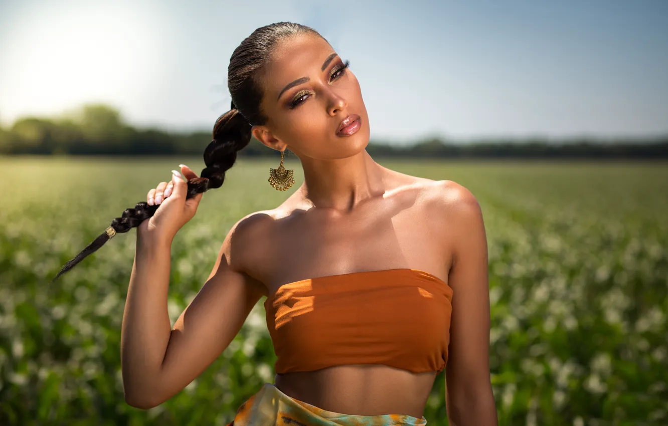 Photo wallpaper field, girl, face, pose, hand, makeup, braid, shoulders