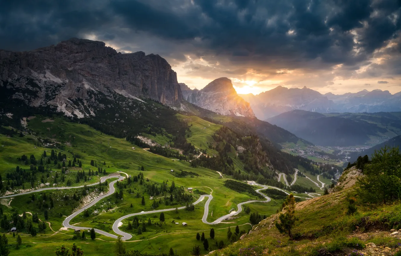 Photo wallpaper road, field, forest, summer, the sky, the sun, mountains, clouds