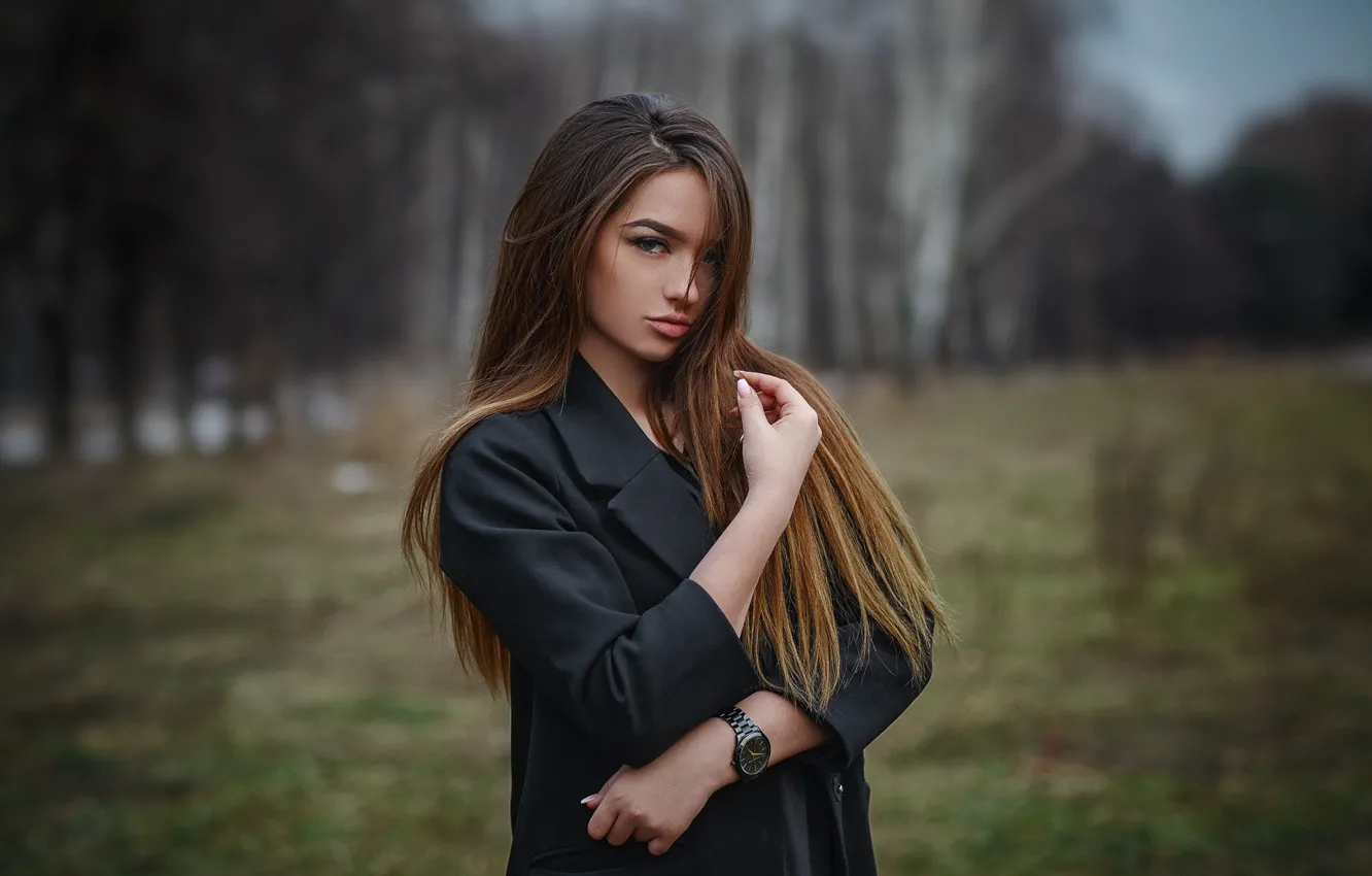 Photo wallpaper girl, trees, glade, portrait, makeup, hairstyle, brown hair, beautiful