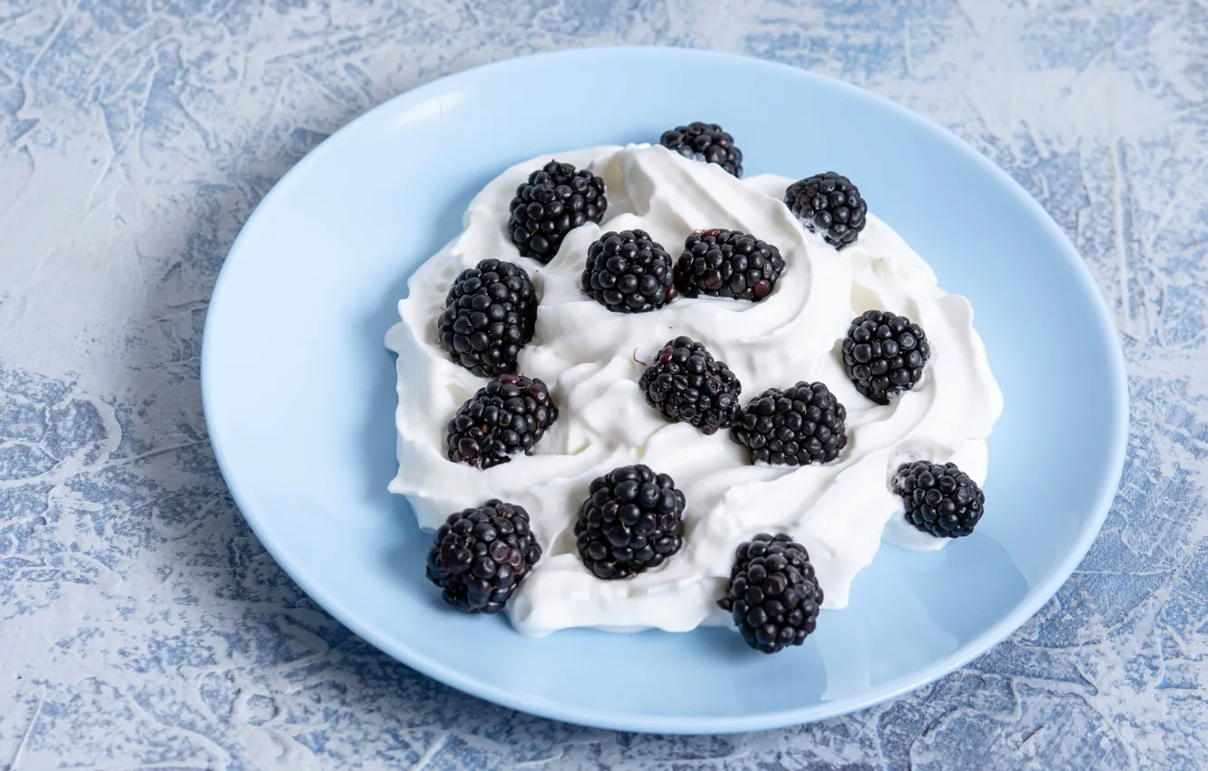 Photo wallpaper white, berries, food, plate, cream, dessert, sauce, saucer