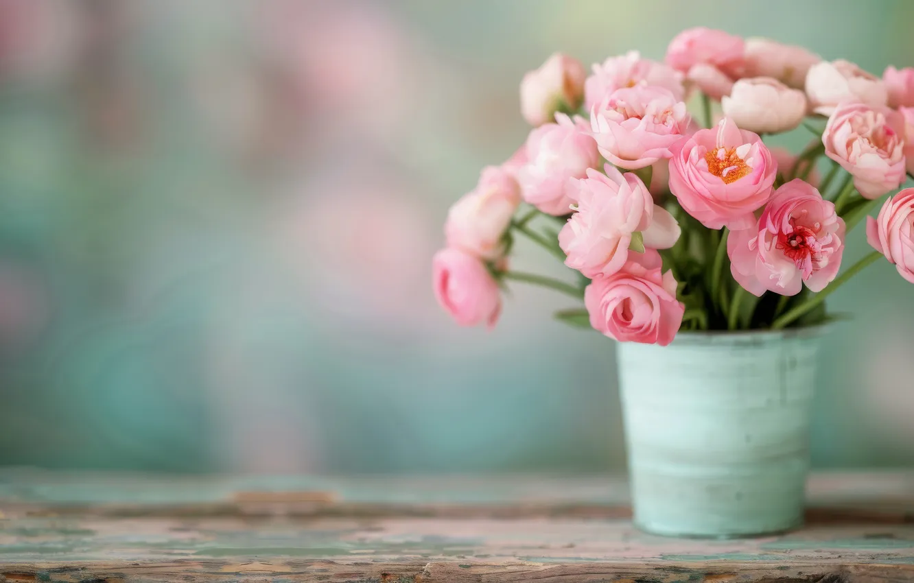 Photo wallpaper flowers, Board, bouquet, pink, blur, bokeh, bucket, Ranunculus