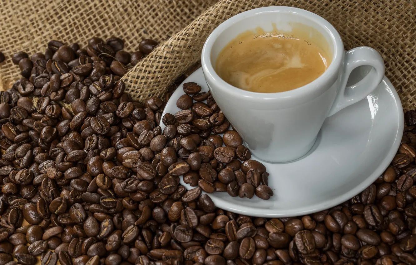 Photo wallpaper coffee, grain, Cup, drink, a lot, burlap
