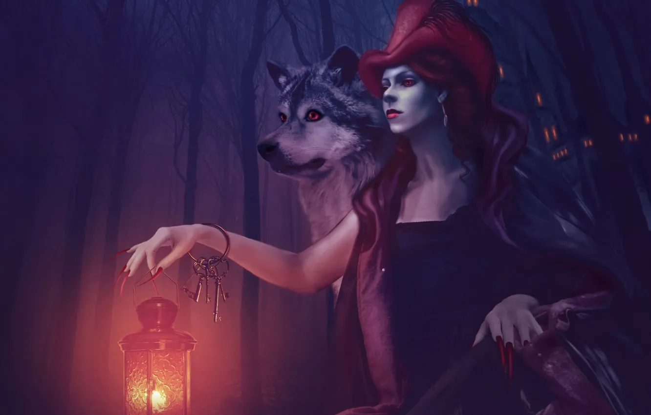 Photo wallpaper wolf, little red riding hood, key, lights