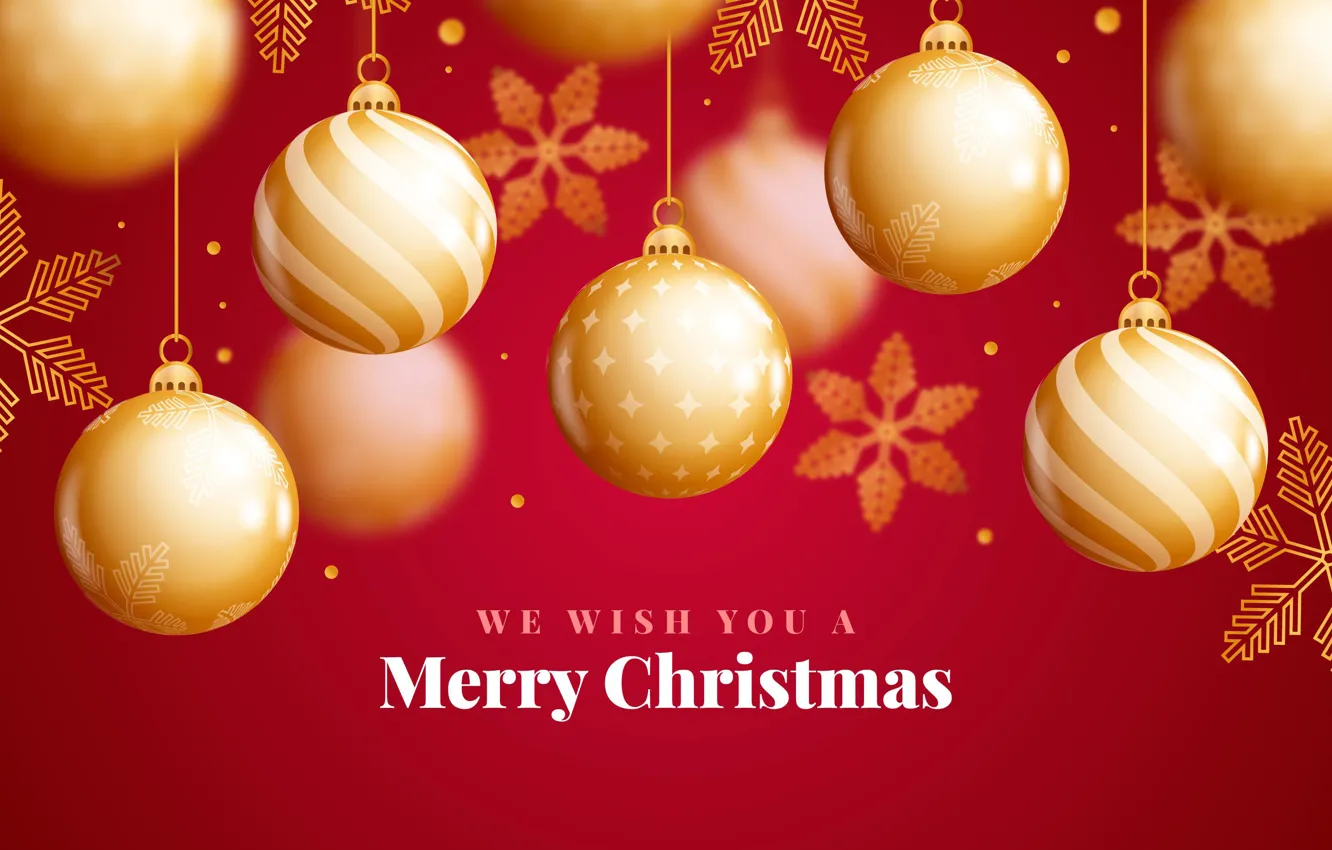 Photo wallpaper balls, snowflakes, balls, new year, Christmas, red background
