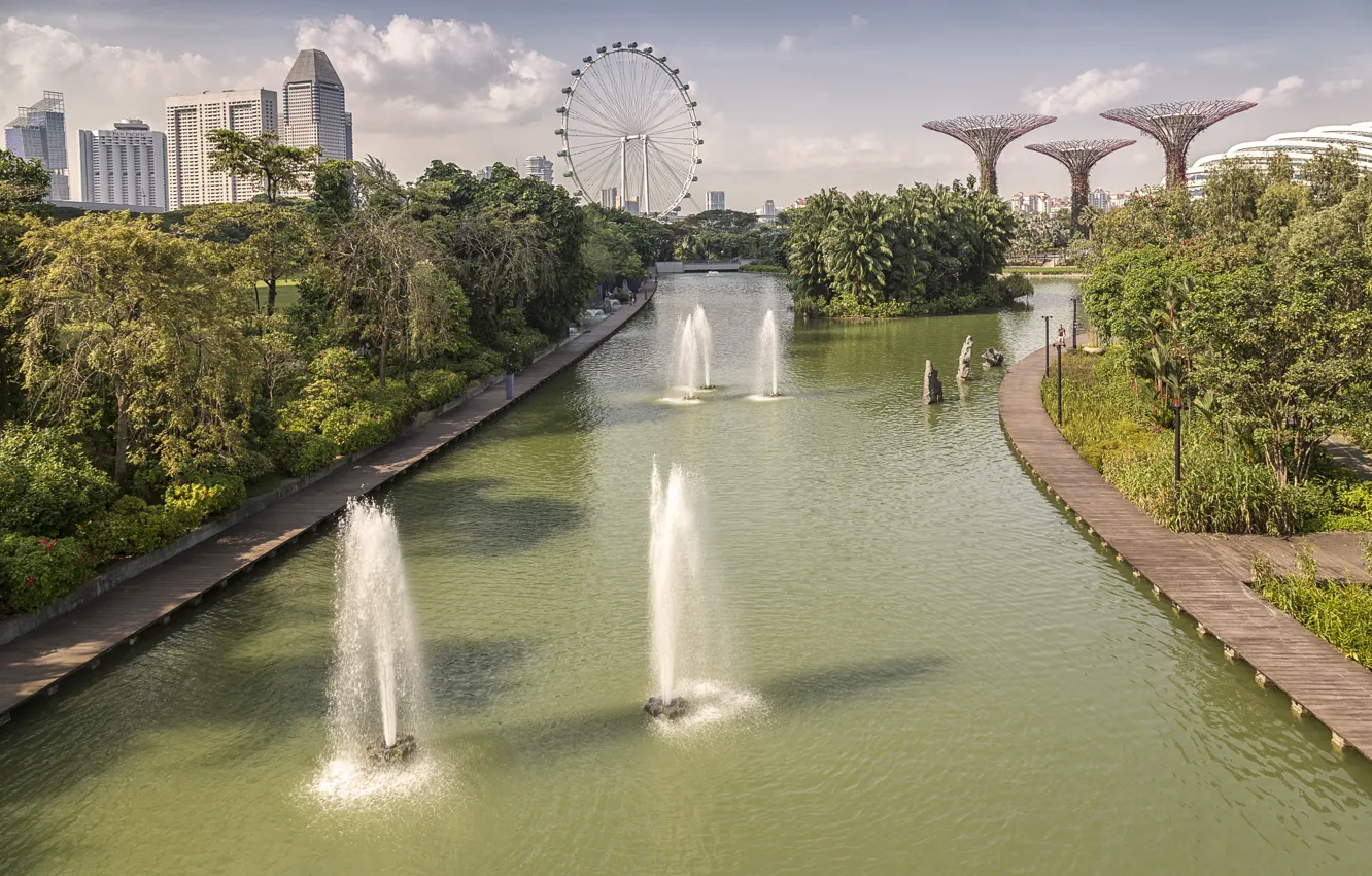 Photo wallpaper trees, Park, channel, Singapore, fountains, wheel review, Singapore, fountains