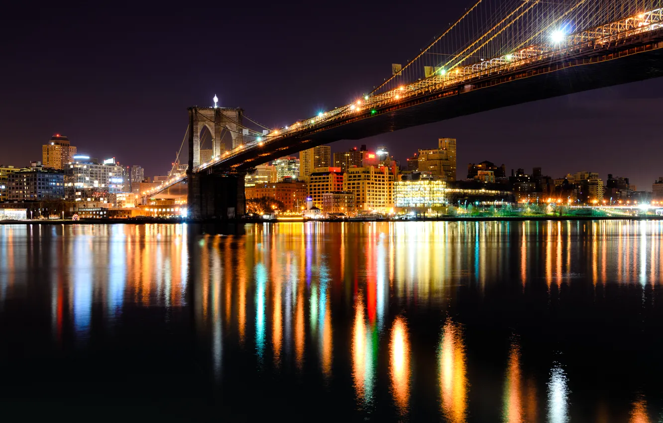 Photo wallpaper night, lights, reflection, New York, Brooklyn, mirror, Brooklyn bridge, United States
