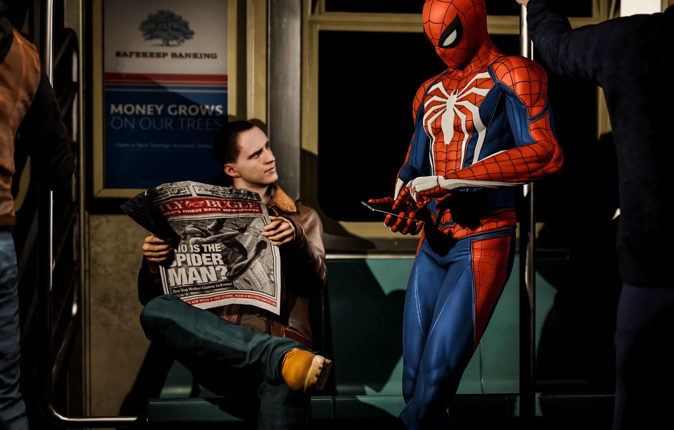Photo wallpaper metro, newspaper, guy, smartphone, Spider-Man, PS4, Spider - man, Spider-Man (PS4)