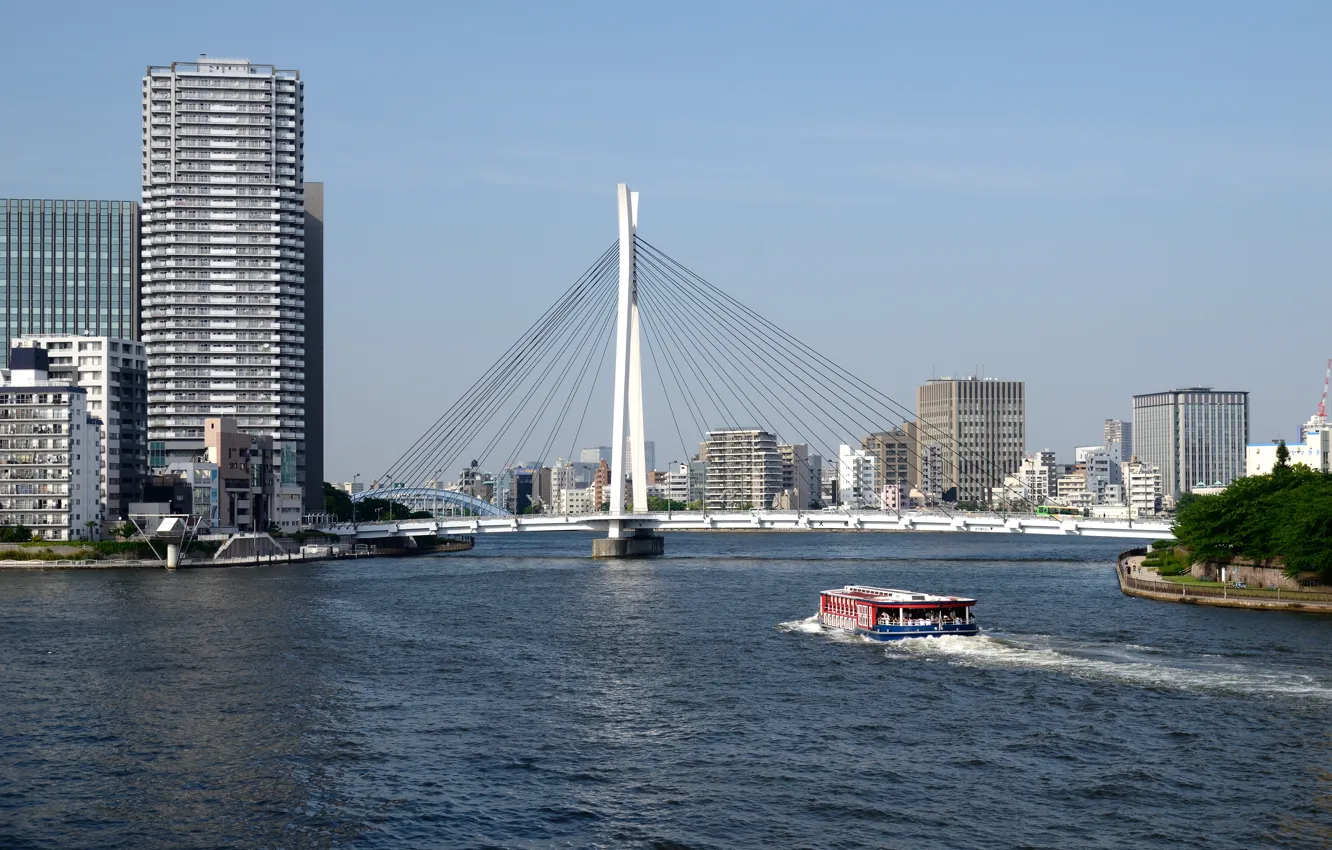 Photo wallpaper bridge, home, Tokyo, promenade, skyscrapers, the capital of Japan, pleasure boat, the Sumida river