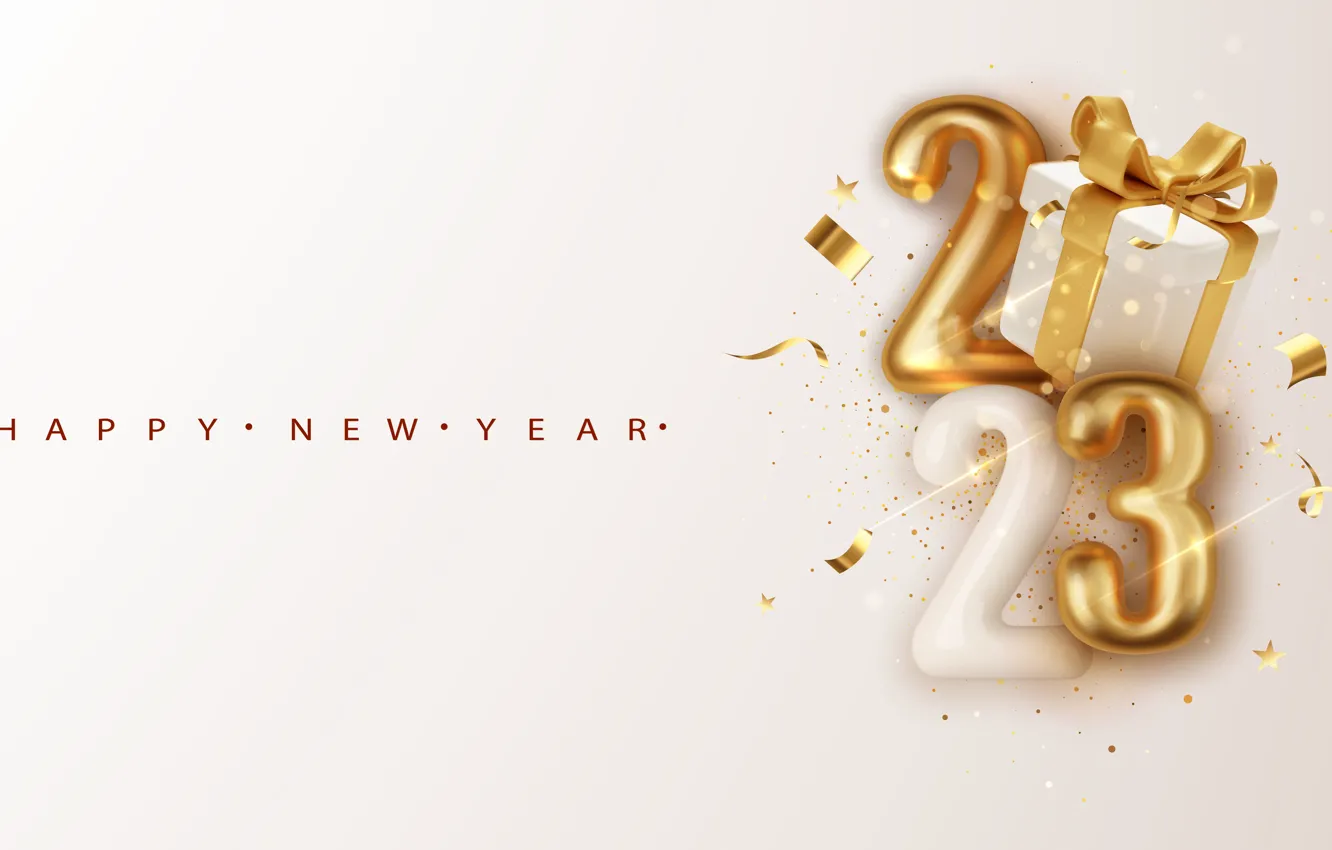 Photo wallpaper box, gift, the inscription, new year, figures, gold plated, bow, light background