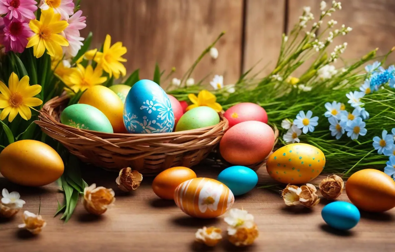 Photo wallpaper flowers, eggs, spring, colorful, Easter, flowers, spring, Easter