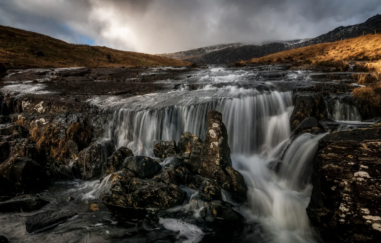 Photo wallpaper river, stones, waterfall, stream, thresholds, Wales