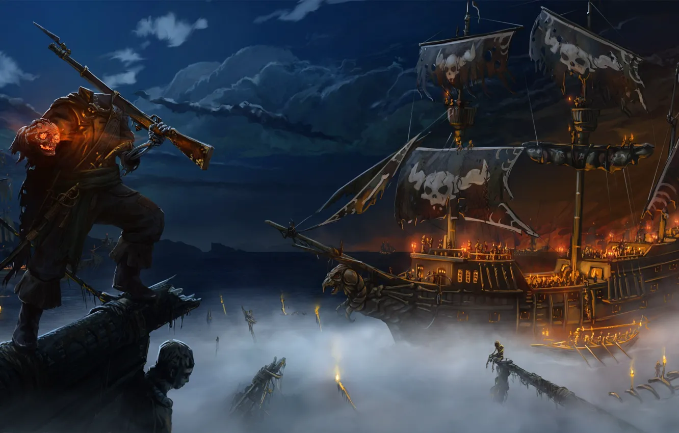 Photo wallpaper sea, night, fog, fire, ship, skull, art, pirate