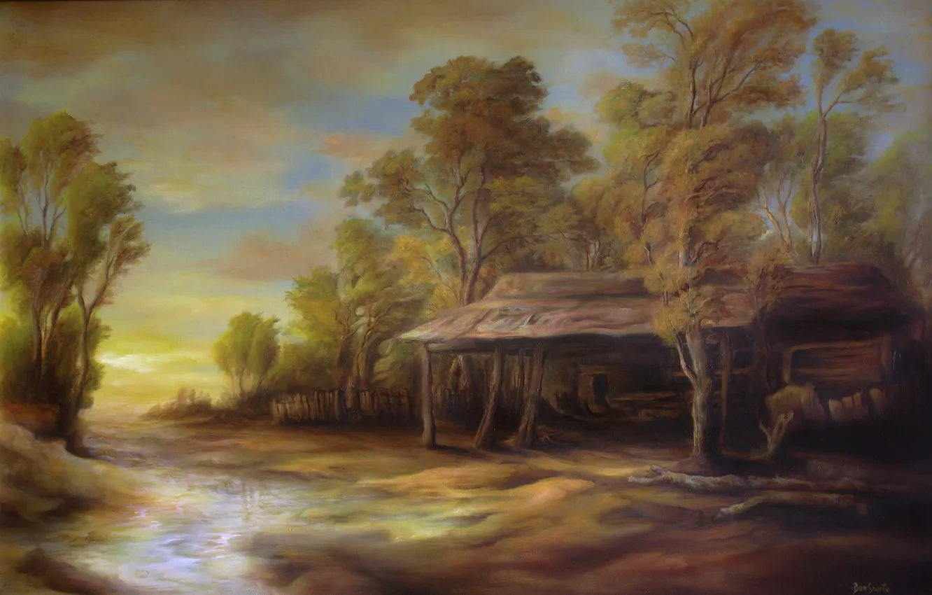 Photo wallpaper water, trees, landscape, house, stream, art, hut, river
