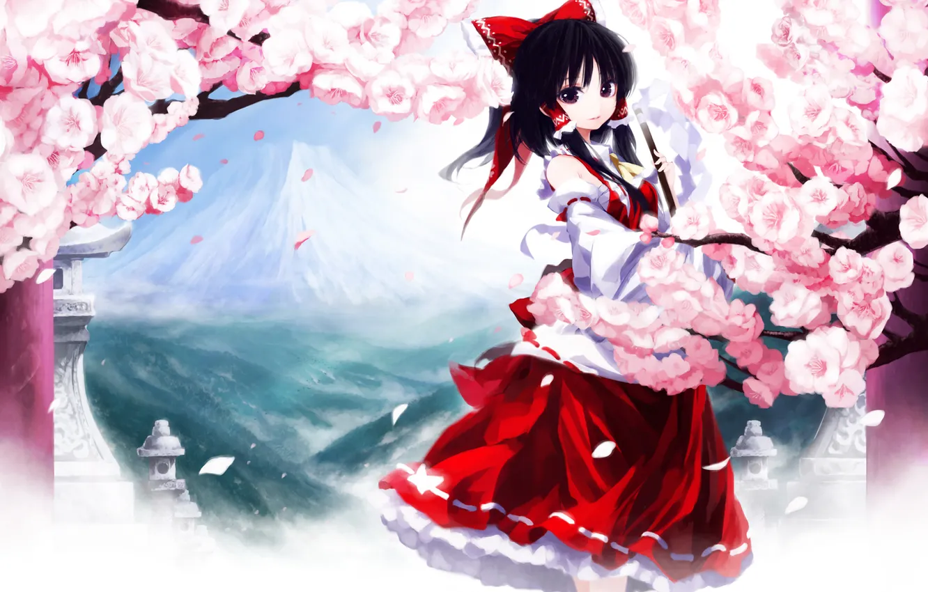 Photo wallpaper girl, trees, mountains, petals, Sakura, temple, touhou, Hakurei Reimu