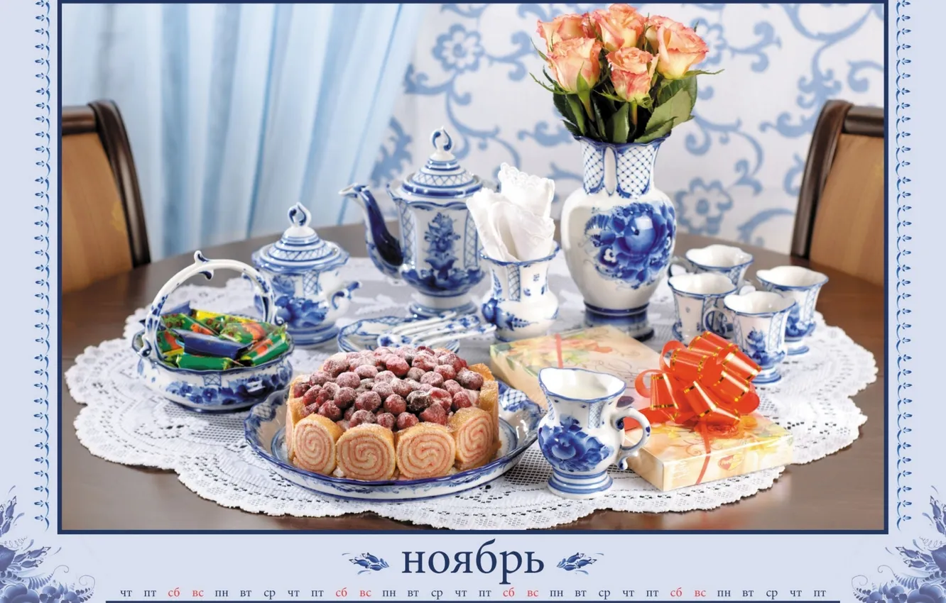 Photo wallpaper flowers, roses, candy, pie, calendar, set, serving, porcelain