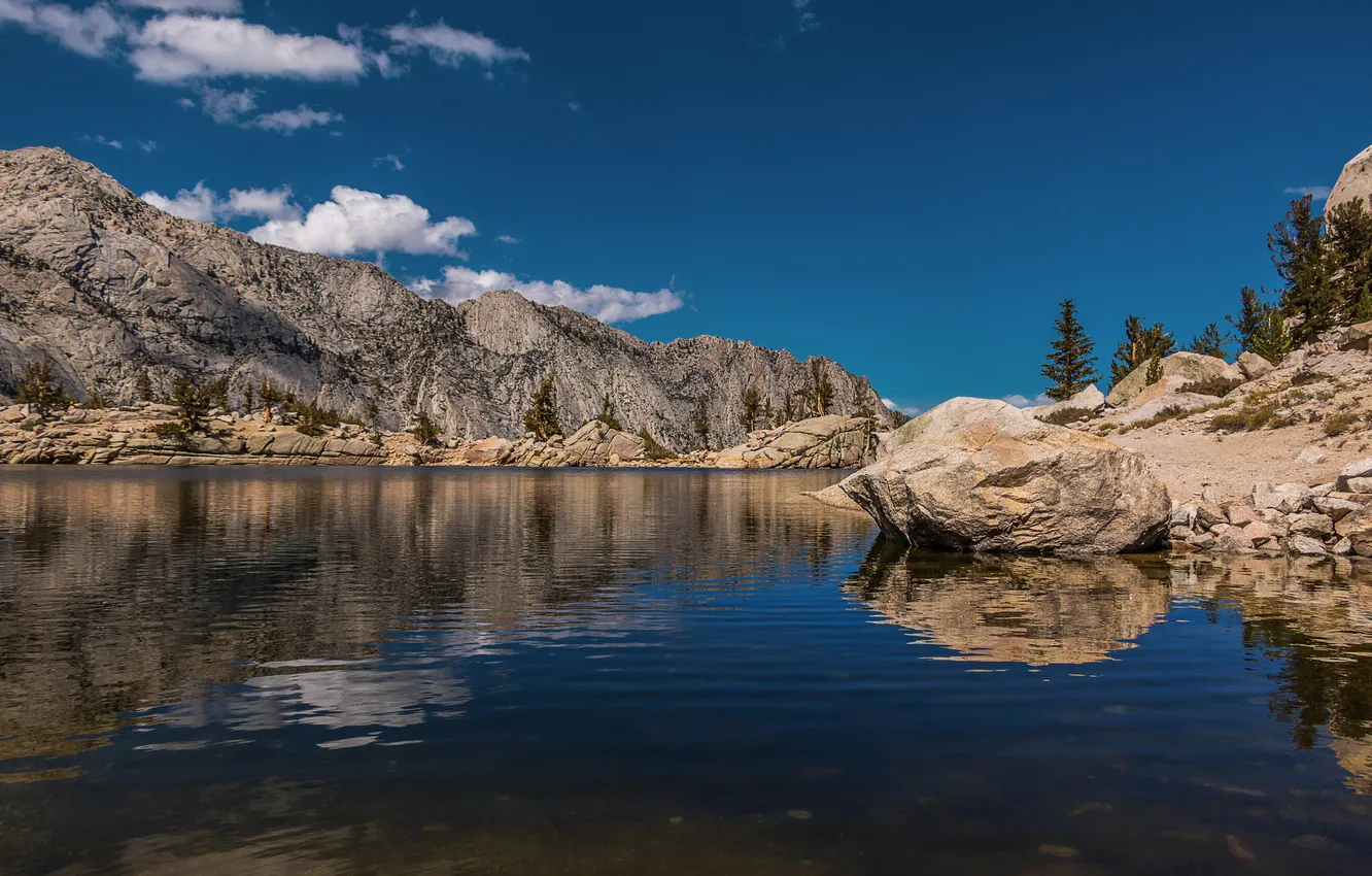 Photo wallpaper the sky, clouds, trees, mountains, lake, stones