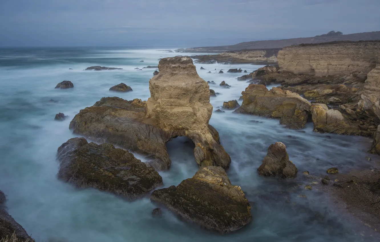 Photo wallpaper sea, the sky, clouds, stones, rocks, arch