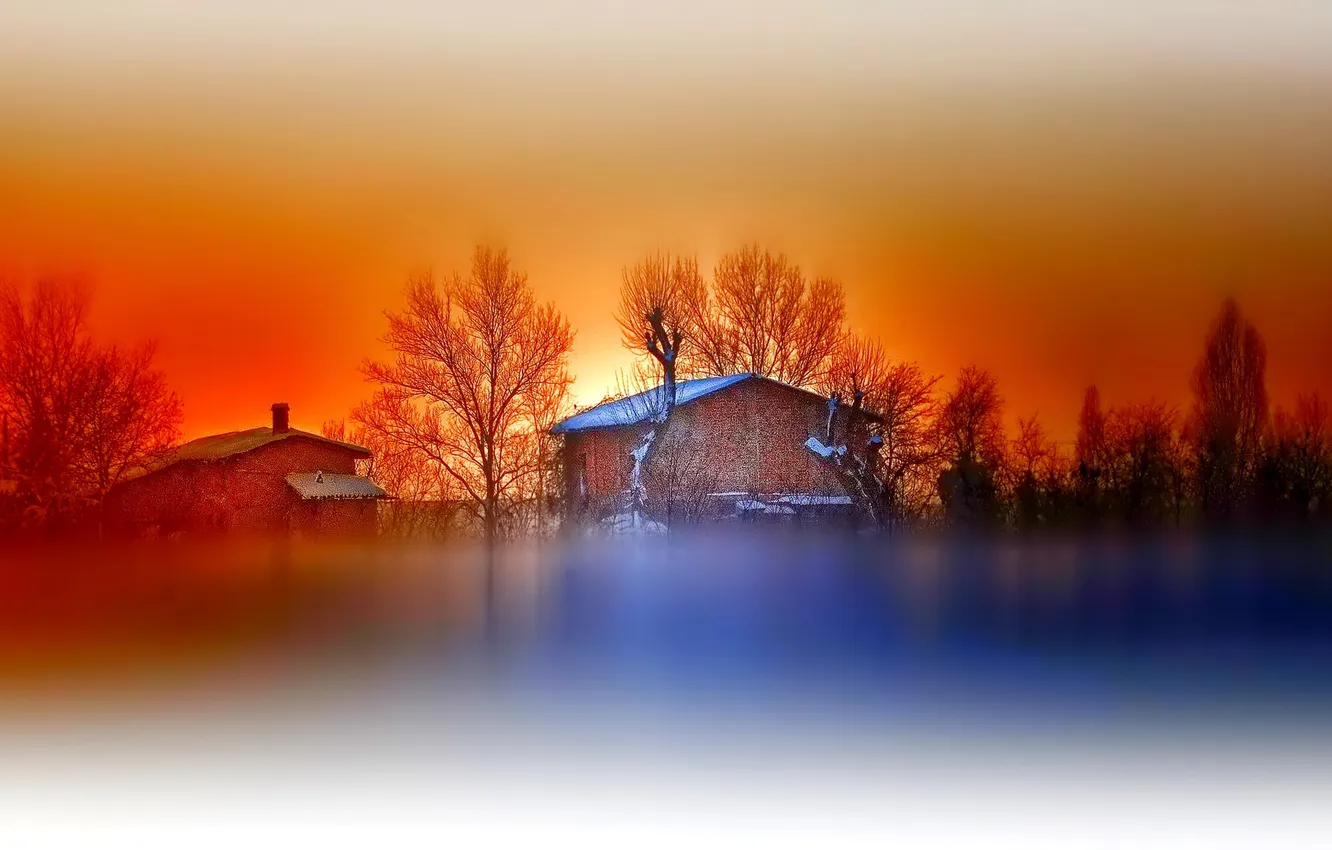 Photo wallpaper the sky, trees, sunset, house