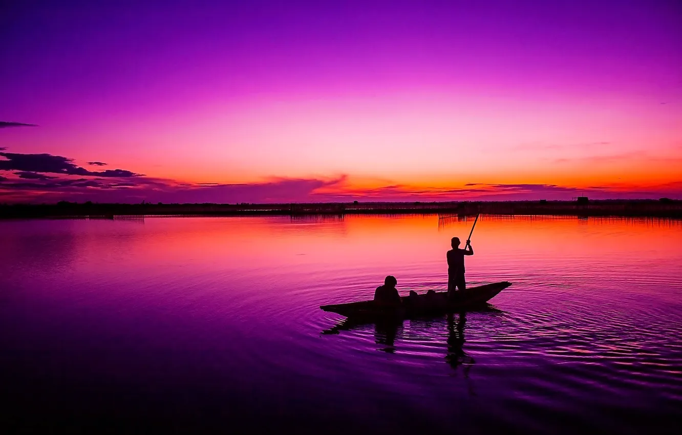 Photo wallpaper the sky, lake, boat, people, glow