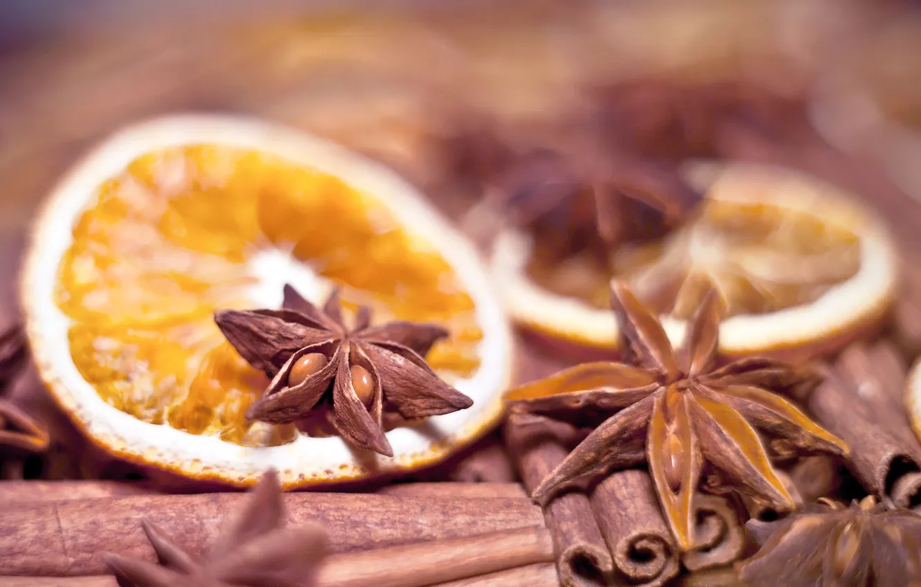 Photo wallpaper Wallpaper, orange, food, sticks, cinnamon, spices, Anis