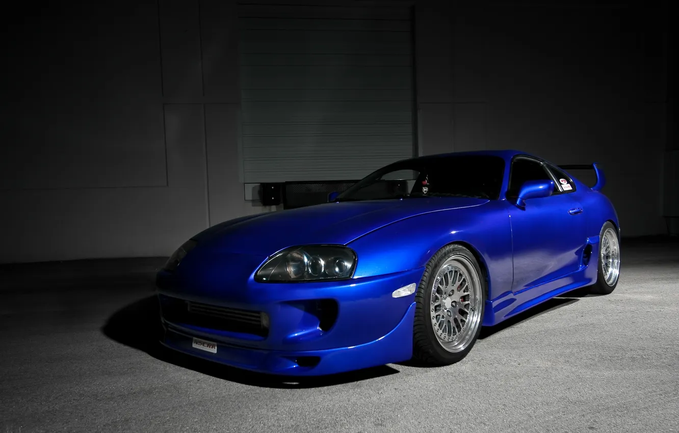 Photo wallpaper blue, reflection, Toyota, drives, side view, blue, Supra, Toyota