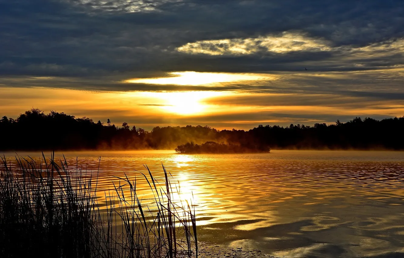 Photo wallpaper landscape, sunset, lake