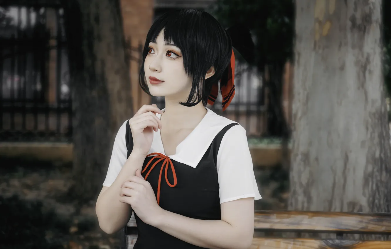Photo wallpaper woman, beautiful, tree, model, pretty, cosplay, bench, asian