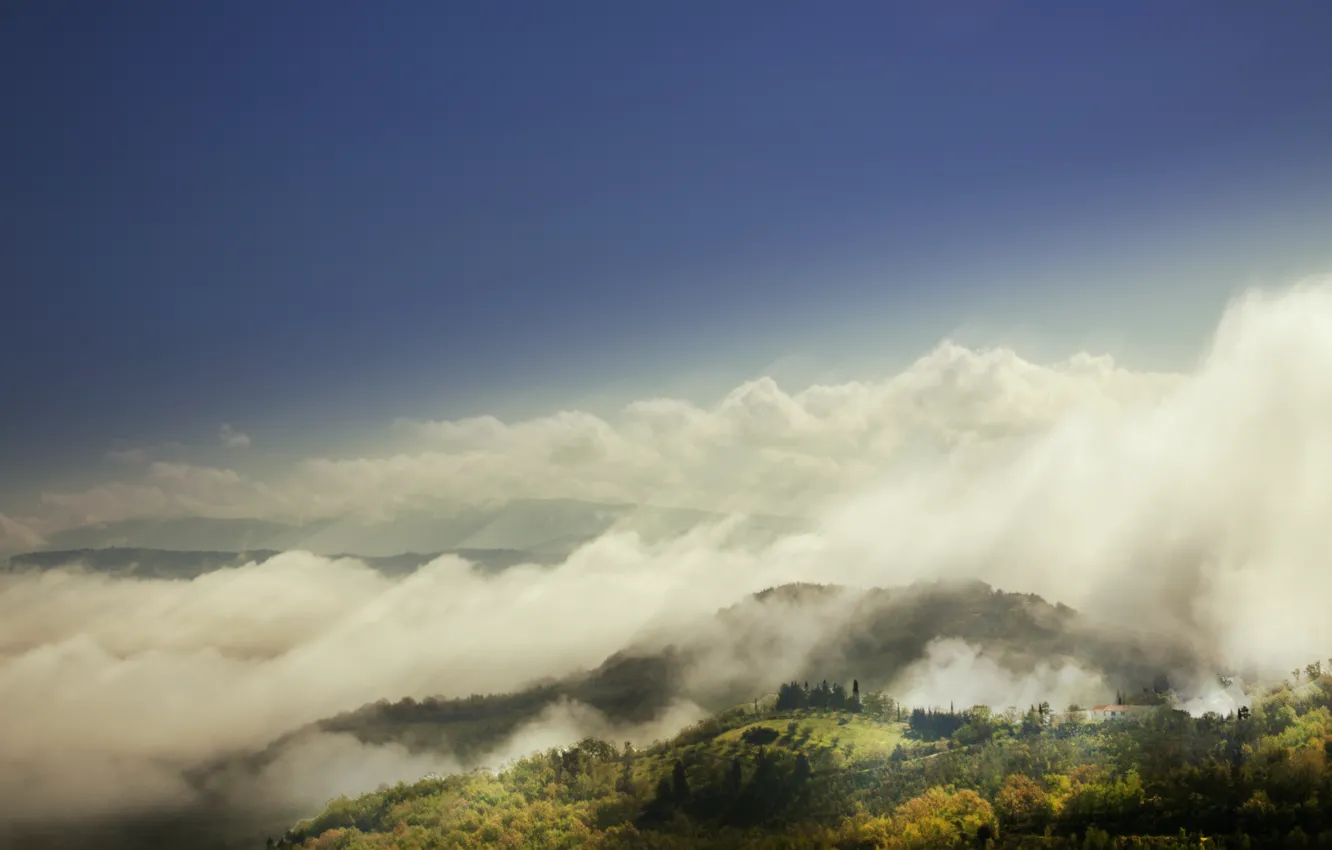 Photo wallpaper the sky, the sun, clouds, mountains, fog, home, house, sunshine