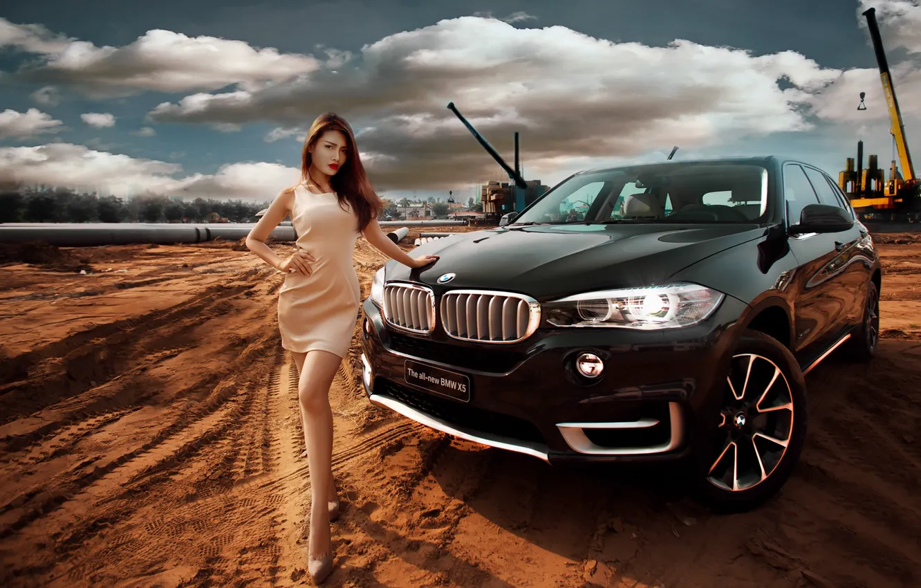 Photo wallpaper girl, pose, BMW, Asian