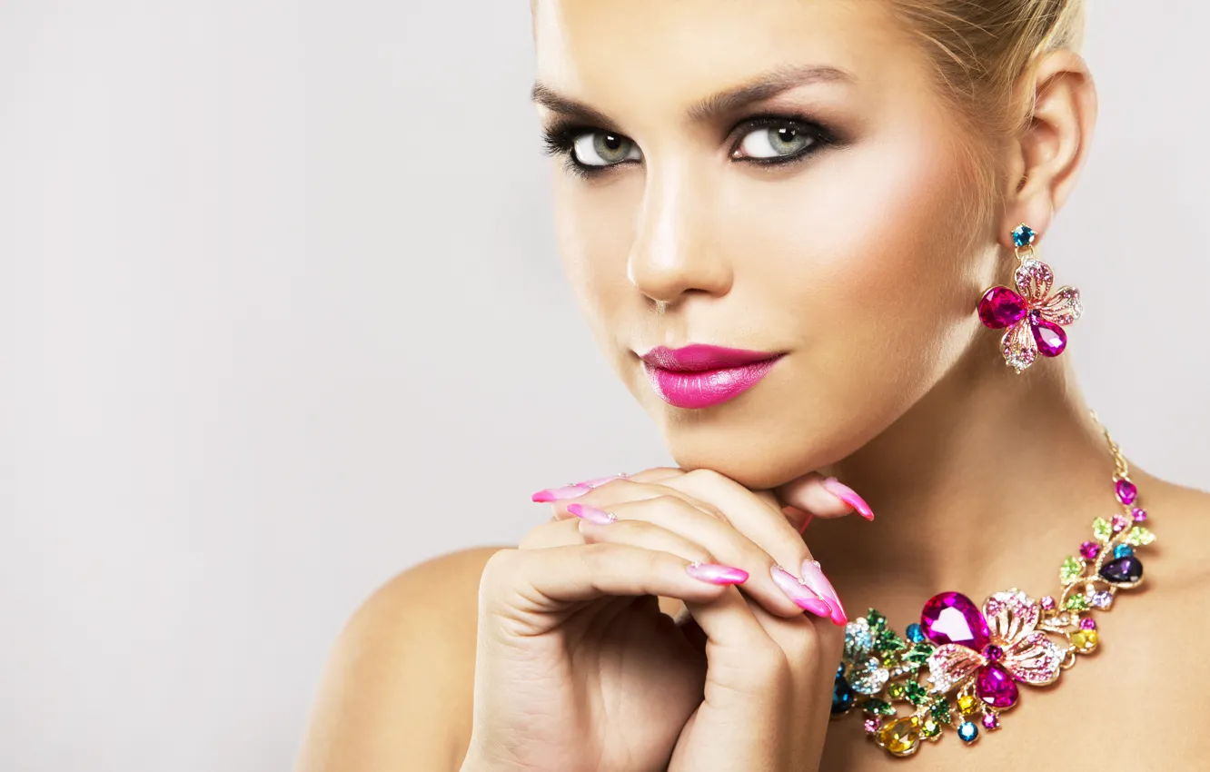 Photo wallpaper look, girl, decoration, eyelashes, makeup, lipstick, earrings, necklace