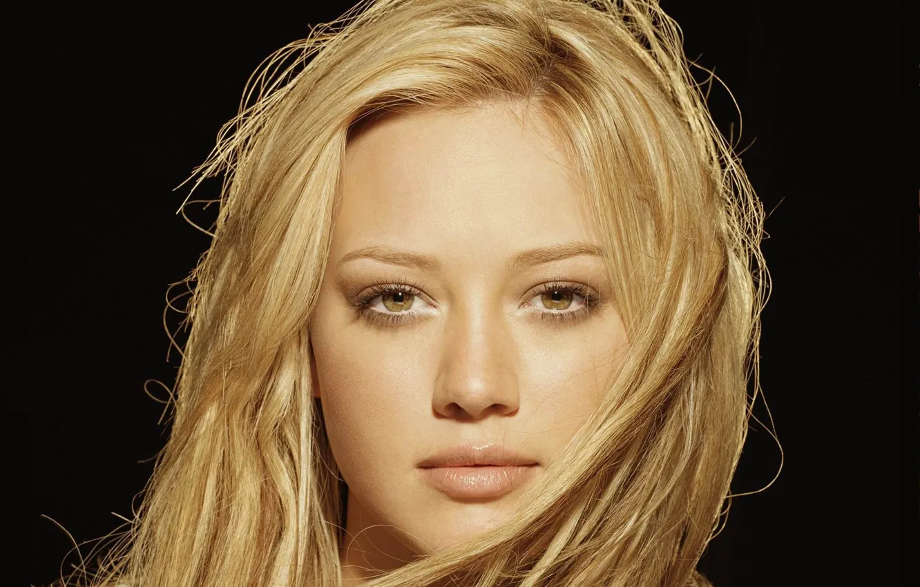 Photo wallpaper look, girl, face, actress, blonde, lips, black background, Hilary Duff