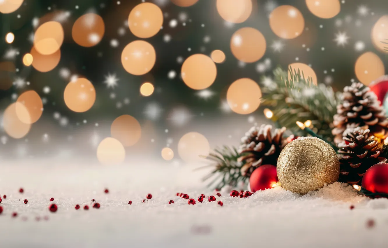 Photo wallpaper winter, balls, snow, lights, new year, Christmas, needles, bumps