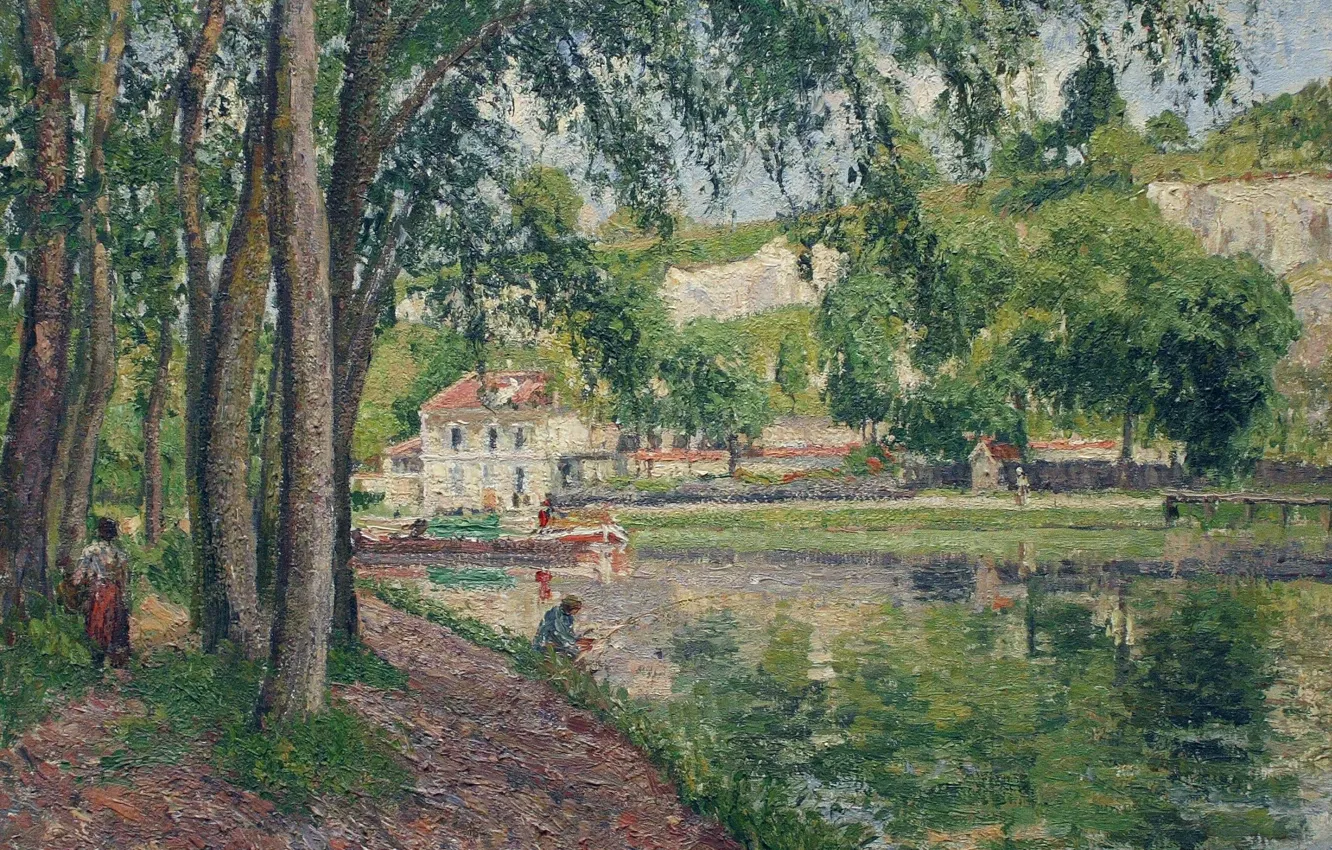 Photo wallpaper trees, landscape, house, picture, Camille Pissarro, Moret. Canal du Loing
