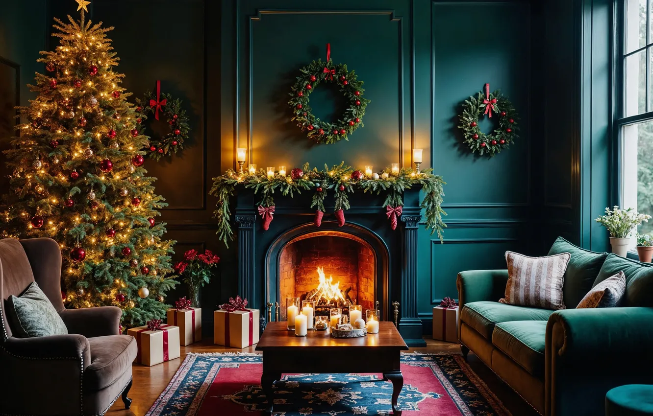 Photo wallpaper room, tree, new year, interior, Christmas, fireplace, Christmas, view