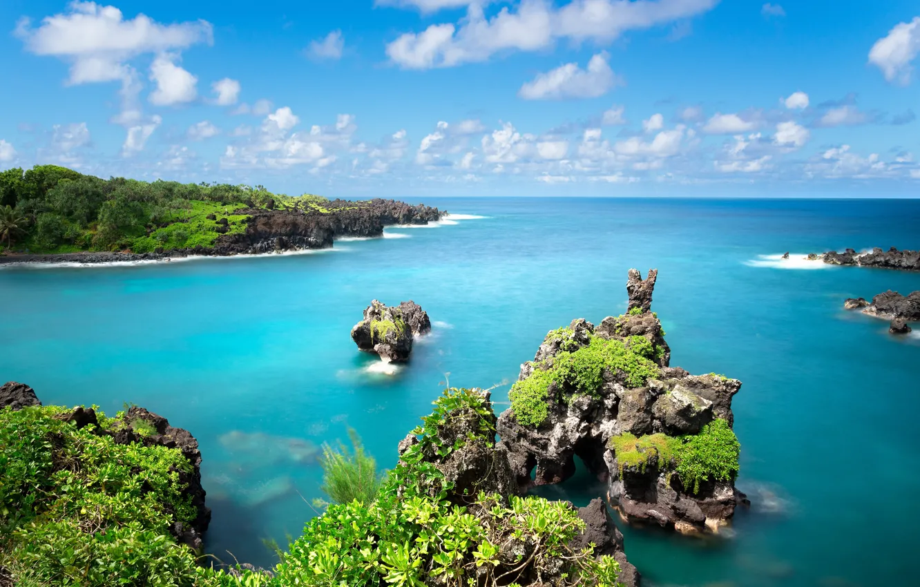 Photo wallpaper sea, the sky, clouds, coast, horizon, Hawaii, Maui
