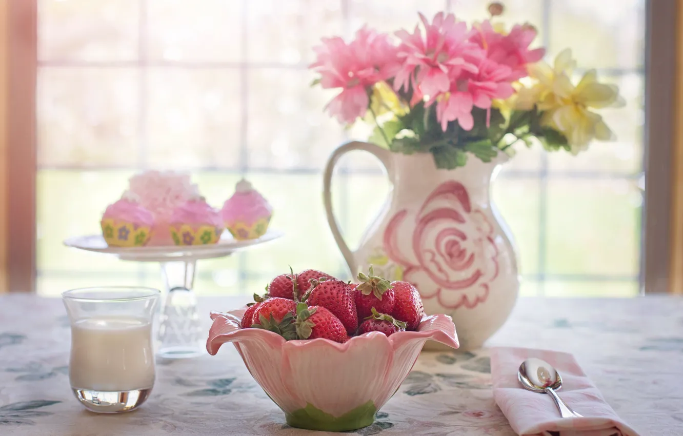 Photo wallpaper flowers, glass, berries, table, milk, window, strawberry, bowl
