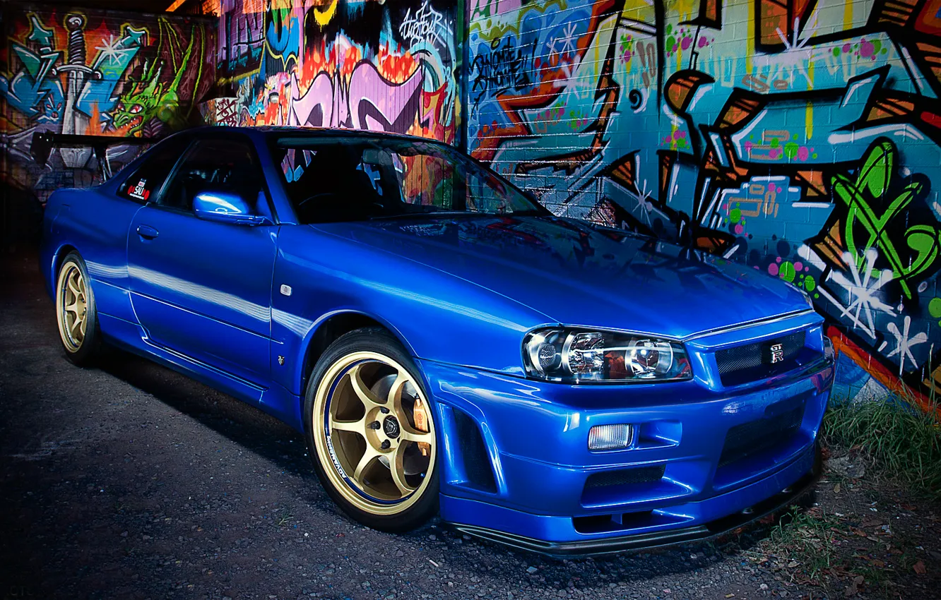 Photo wallpaper blue, graffiti, Nissan, Nissan, blue, Skyline, R34, skyline