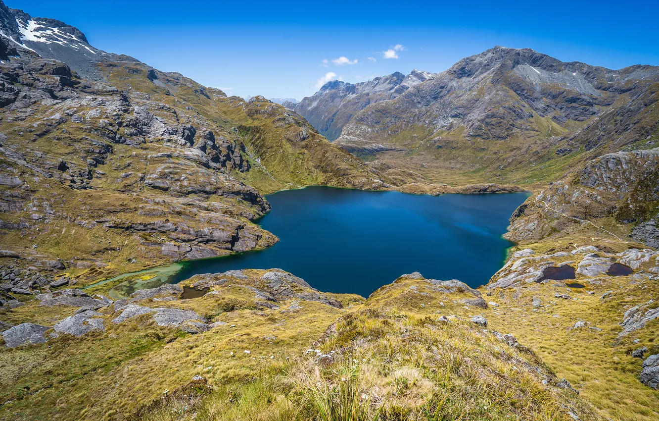 Photo wallpaper mountains, lake, rocks, New Zealand, Routeburn Track