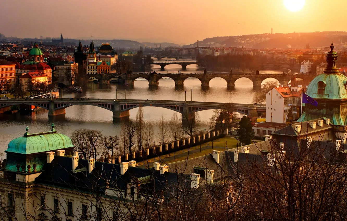 Photo wallpaper The city, River, Prague, Bridge, The view from the top, dome, Prague, River