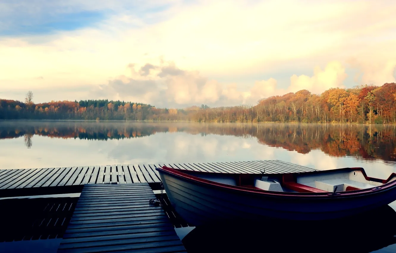 Photo wallpaper forest, the sky, river, photo, boat, pier, the bridge