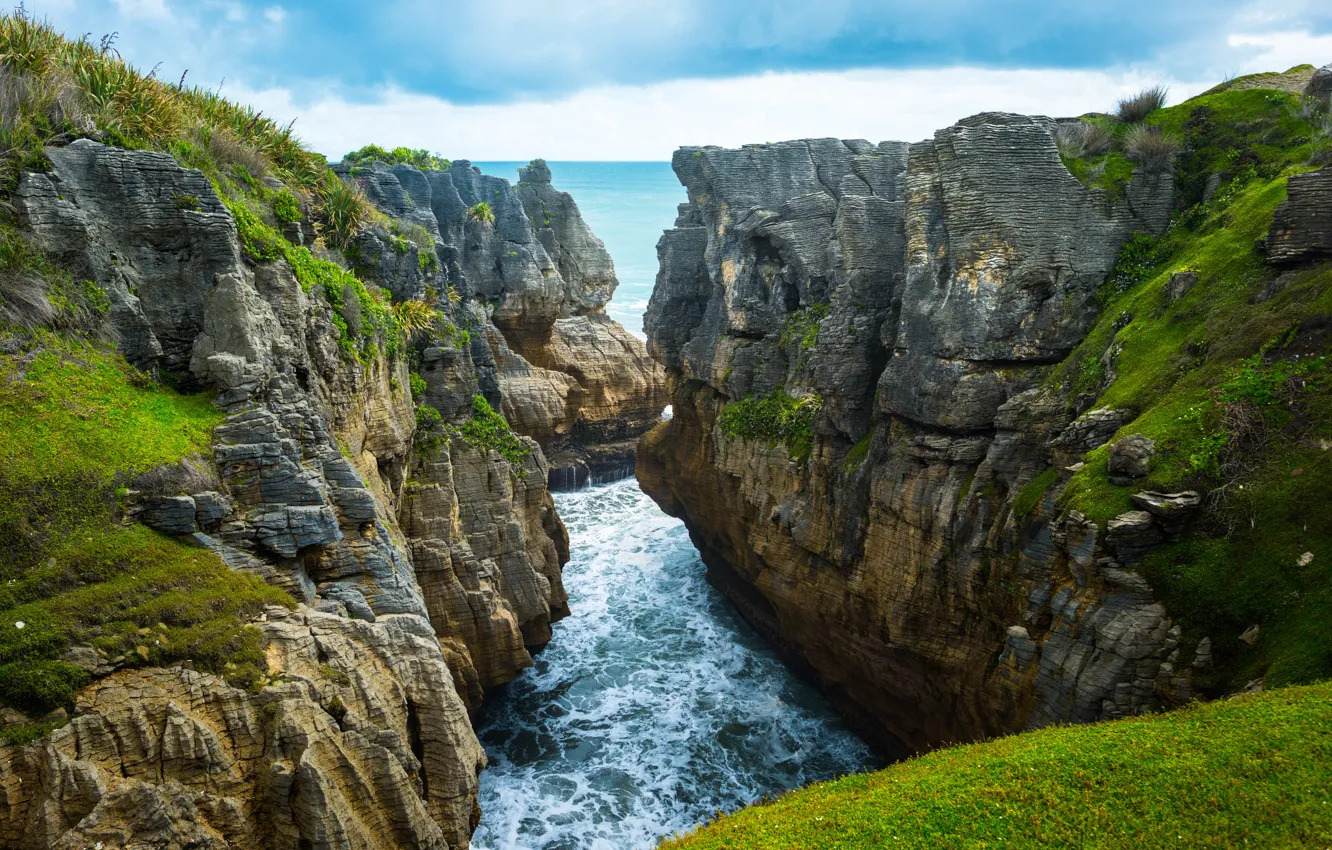 Photo wallpaper sea, grass, landscape, nature, rocks, gorge