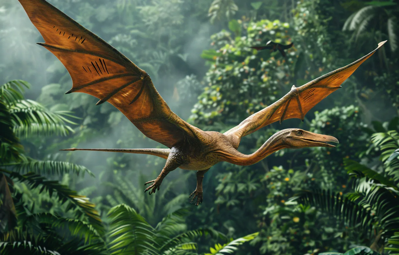 Photo wallpaper flight, animal, wings, dinosaur, jungle, pterodactyl, digital art, Ancient animals