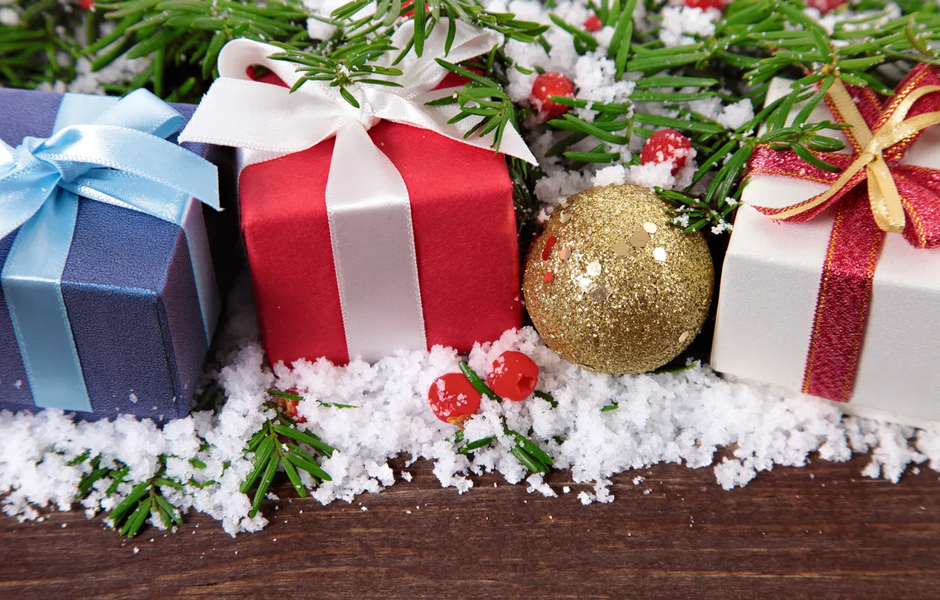 Photo wallpaper snow, new year, Christmas, wood, merry christmas, Xmas, decoration, gifts