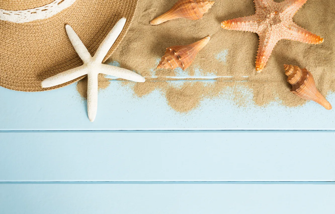 Photo wallpaper sand, beach, summer, stars, stay, hat, shell, summer