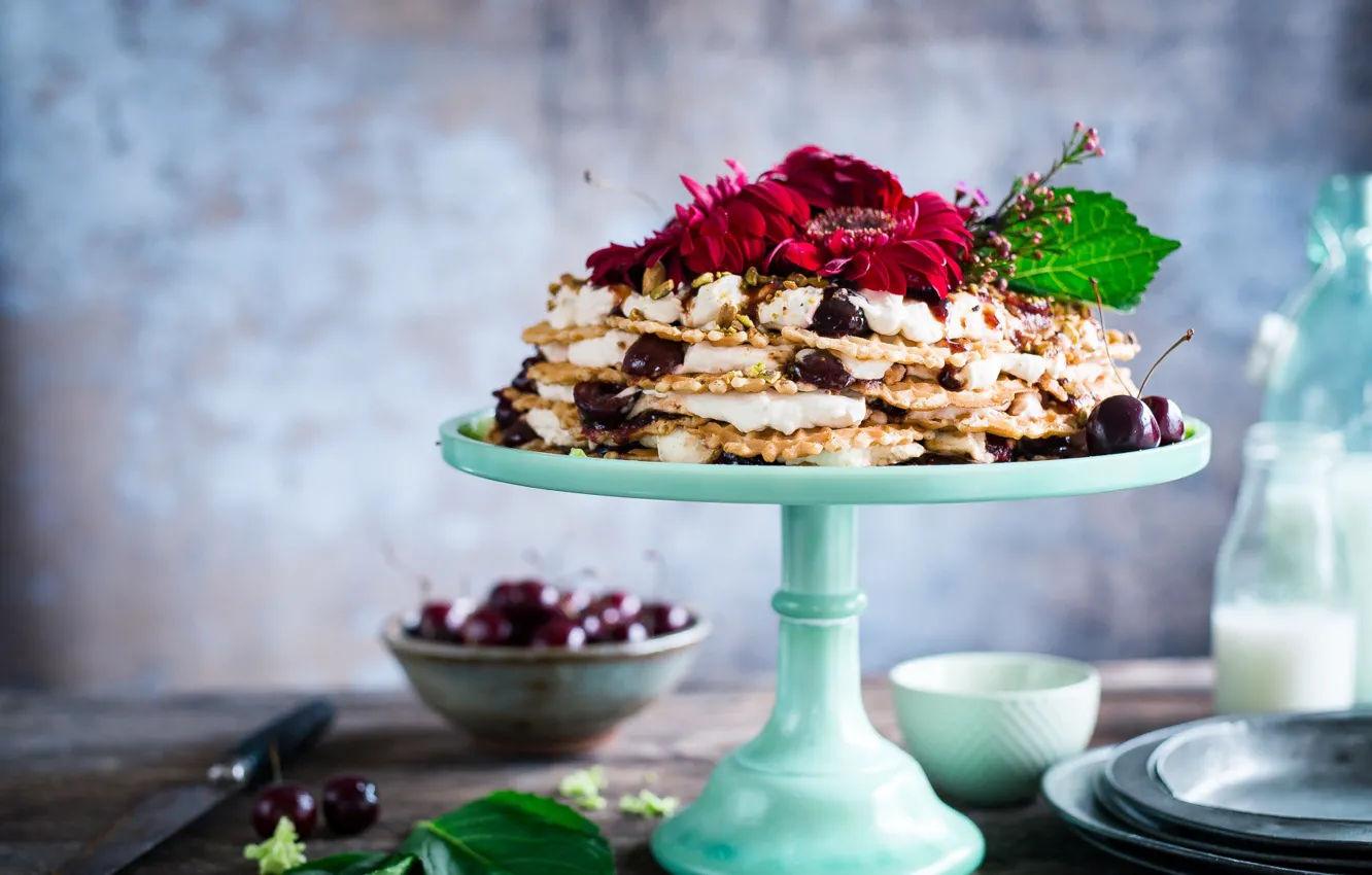 Photo wallpaper decoration, flowers, berries, cake, cream, dessert, waffles, sweet