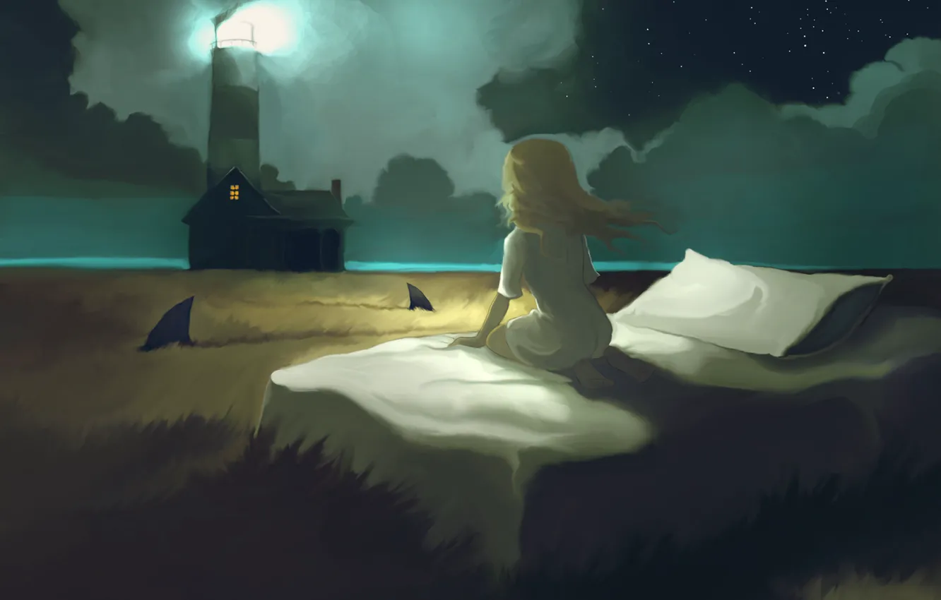 Photo wallpaper field, lighthouse, bed, sleep, girl, sharks